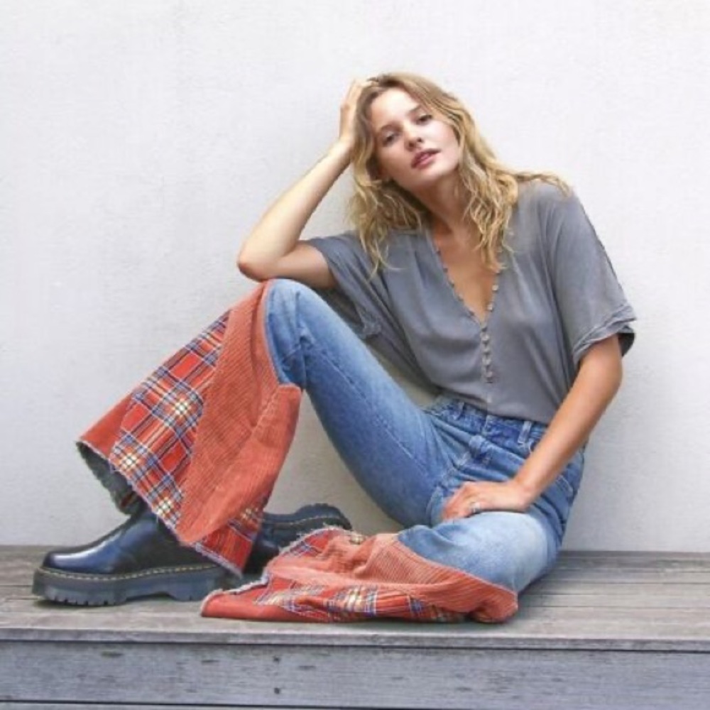 Free People Flashback Flares Blue Jeans Size 28 Plaid